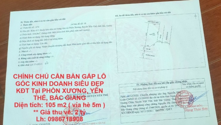 CHÍNH CHỦ CẦN BÁN GẤP LÔ GÓC KINH DOANH SIÊU ĐẸP KĐT Tại PHỒN XƯƠNG, YÊN THẾ, BẮC GIANG